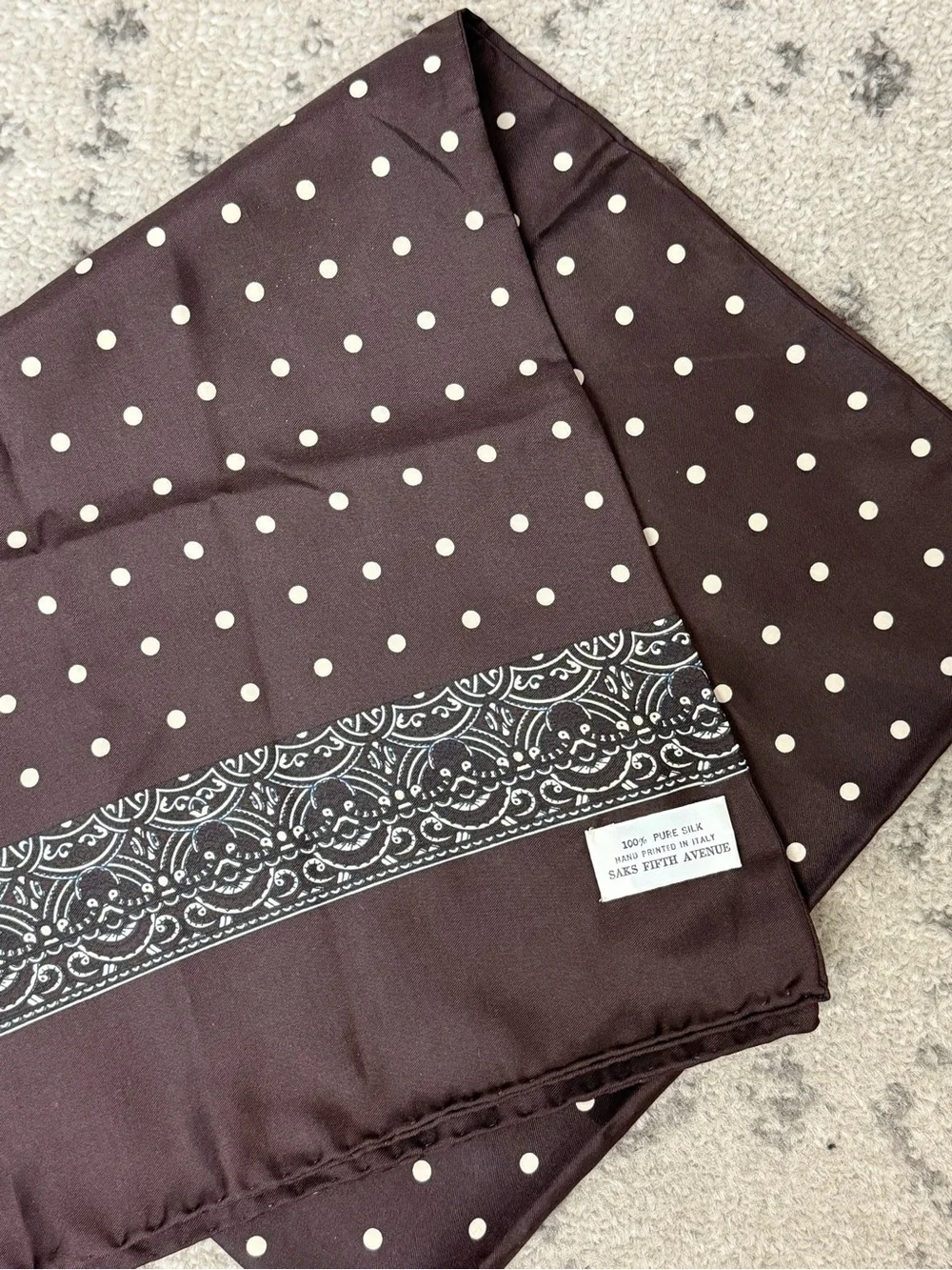 Vintage Saks Fifth Avenue Brown Polka Dot Silk Scarf